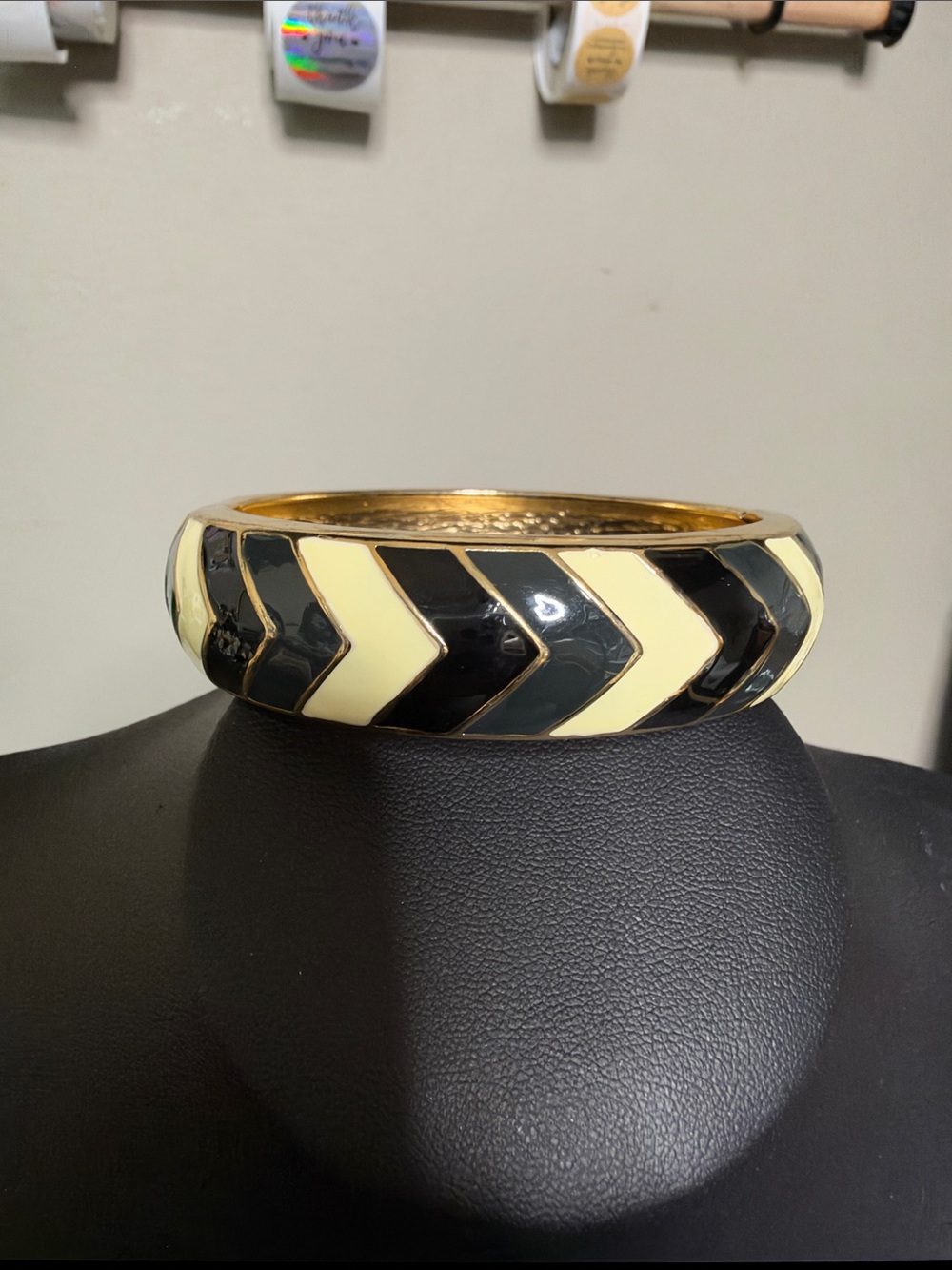 Gold-Tone Black and Cream Chevron Enamel Bangle Bracelet